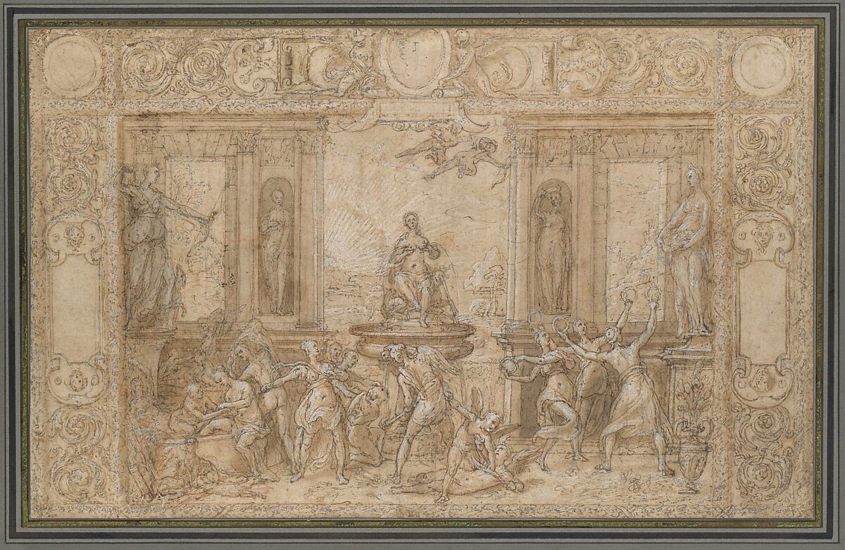 Study for The Allegory of Spring, Federico Zuccaro (Zuccari) (Italian, Sant'Angelo in Vado 1540/42–1609 Ancona), Pen and brown ink, over red chalk and black chalk, brush and brown wash, highlighted with white gouache