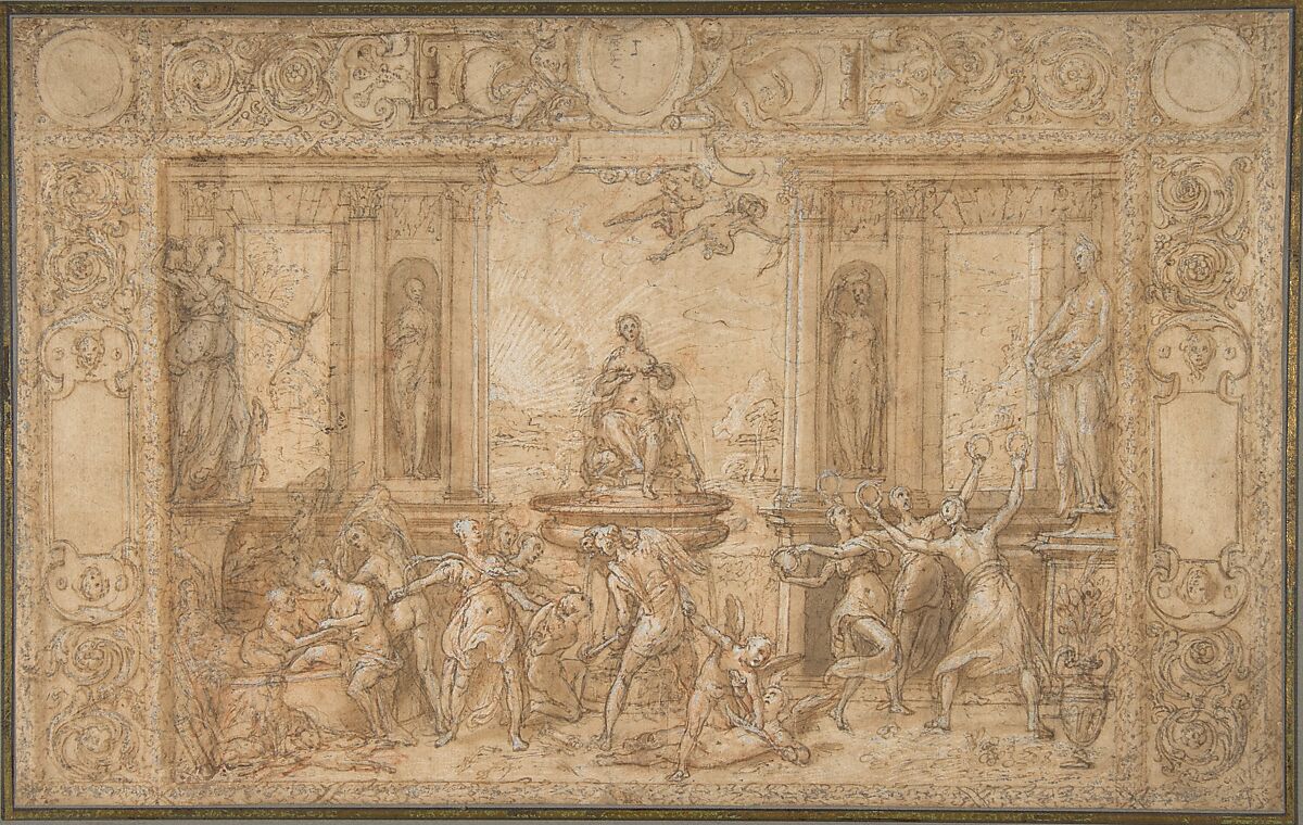 Study for The Allegory of Spring, Federico Zuccaro (Zuccari)  Italian, Pen and brown ink, over red chalk and black chalk, brush and brown wash, highlighted with white gouache