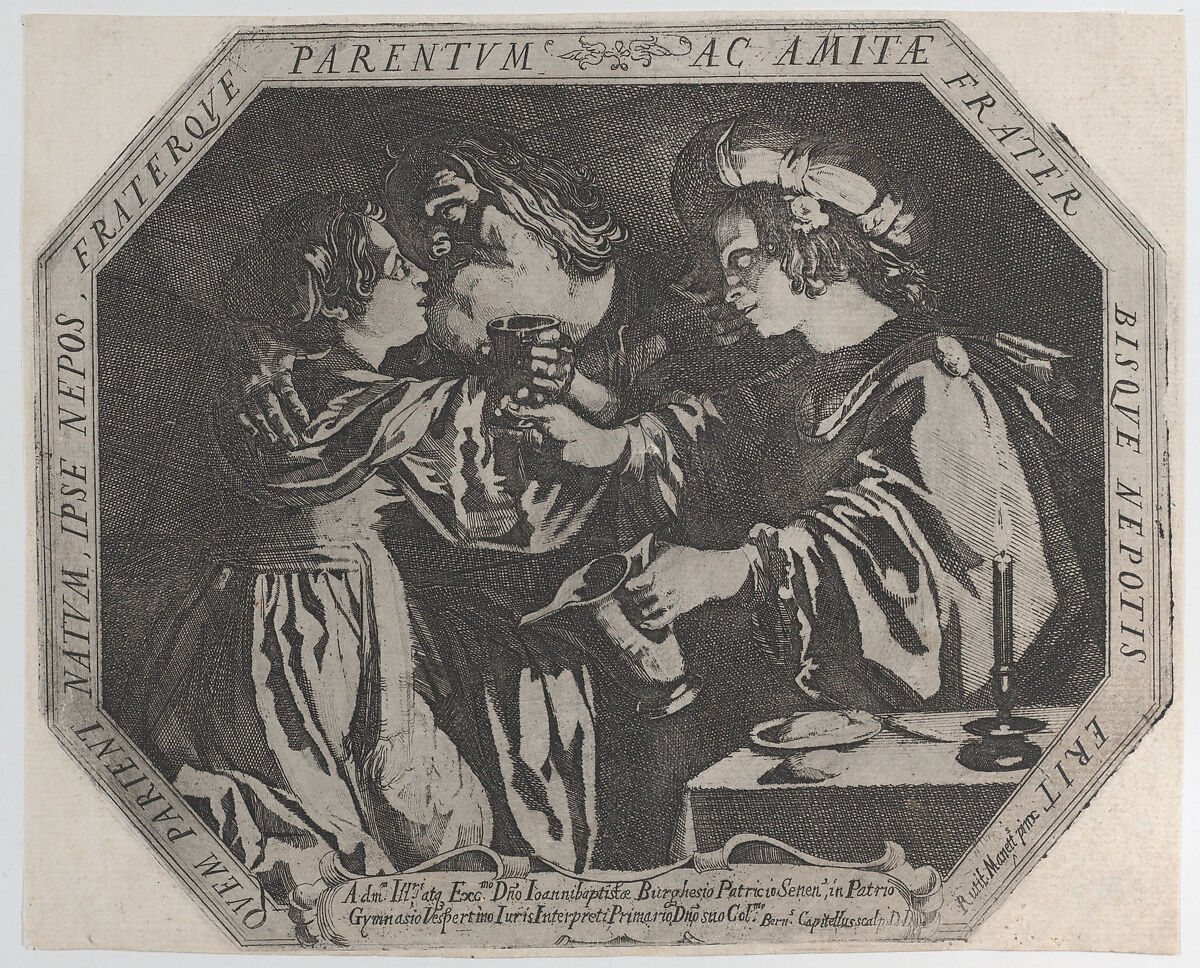 Lot and His Daughters, Bernardino Capitelli (Italian, Siena, 1590–1639), Etching with plate tone, printed from an octagonal plate 