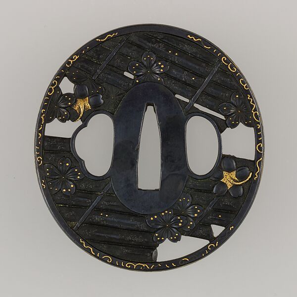 Sword Guard (Tsuba), Copper-gold alloy (shakudō), gold, copper, Japanese