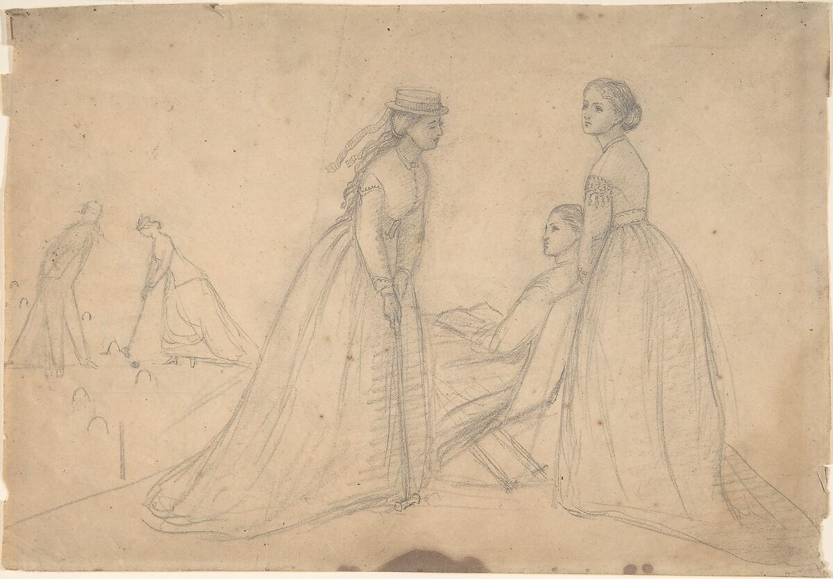 Three women in conversation beside a croquet field (recto); Studies of a ballet dancer, a woman's profile, and a seated woman (verso), Louisa Starr Canziani (British, London 1845–1909 London), Graphite 