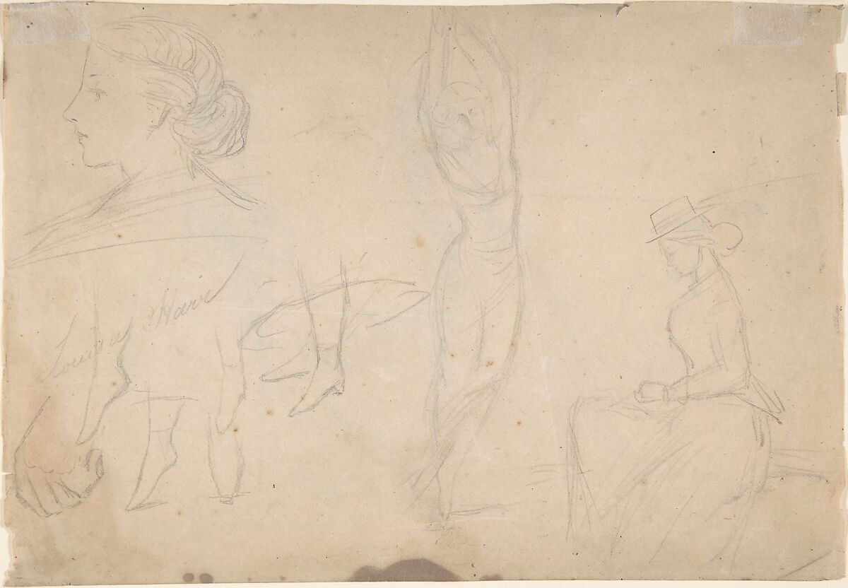 Three women in conversation beside a croquet field (recto); Studies of a ballet dancer, a woman's profile, and a seated woman (verso), Louisa Starr Canziani (British, London 1845–1909 London), Graphite