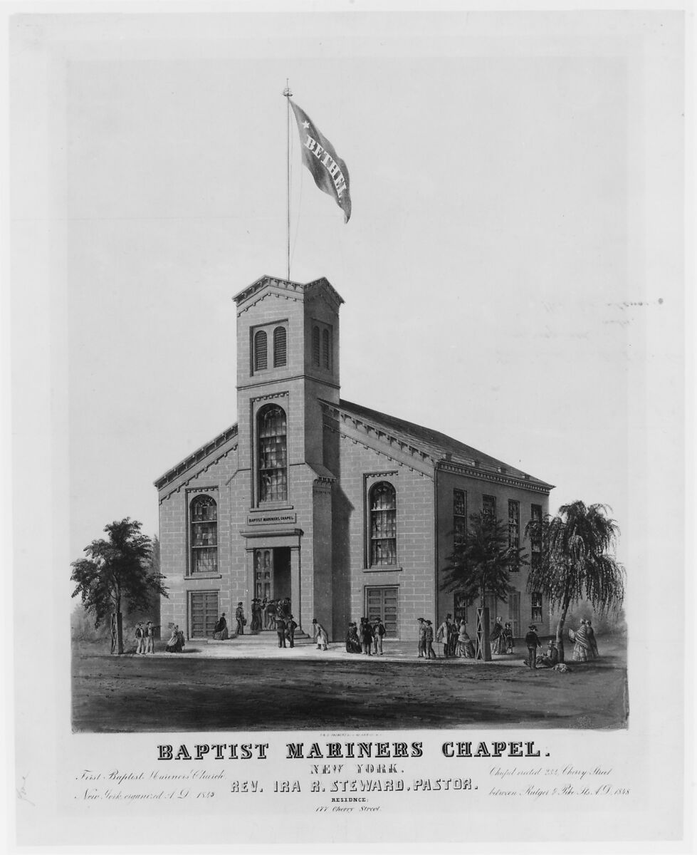 Baptist Mariners Chapel, New York, Frances Flora Bond Palmer (American (born England), Leicester 1812–1876 New York), Lithograph with gray and brown tint stones and green watercolor additions 