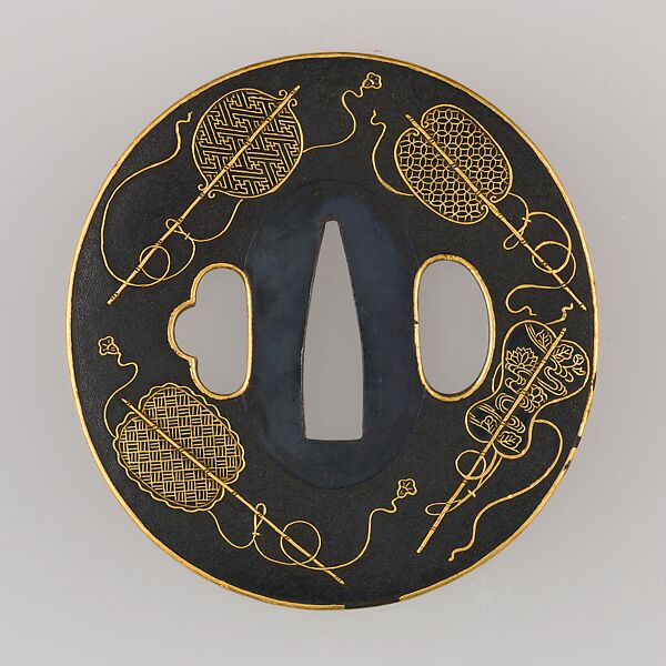Sword Guard (Tsuba), Copper-gold alloy (shakudō), gold, copper, Japanese