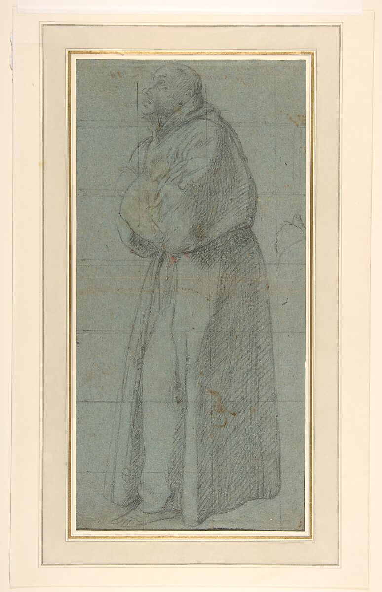 Saint Francis, Girolamo Siciolante da Sermoneta (Italian, Sermoneta 1521–1575 Rome), Black chalk on blue paper, squared in black chalk 