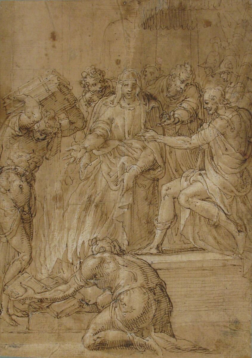 The Cumaean Sibyl before Tarquin the Proud, Niccolò dell' Abate (Italian, Modena 1509–1571 Fontainebleau (?)), Pen and brown ink, brush and brown wash, highlighted with white gouache, on traces of leadpoint or black chalk
