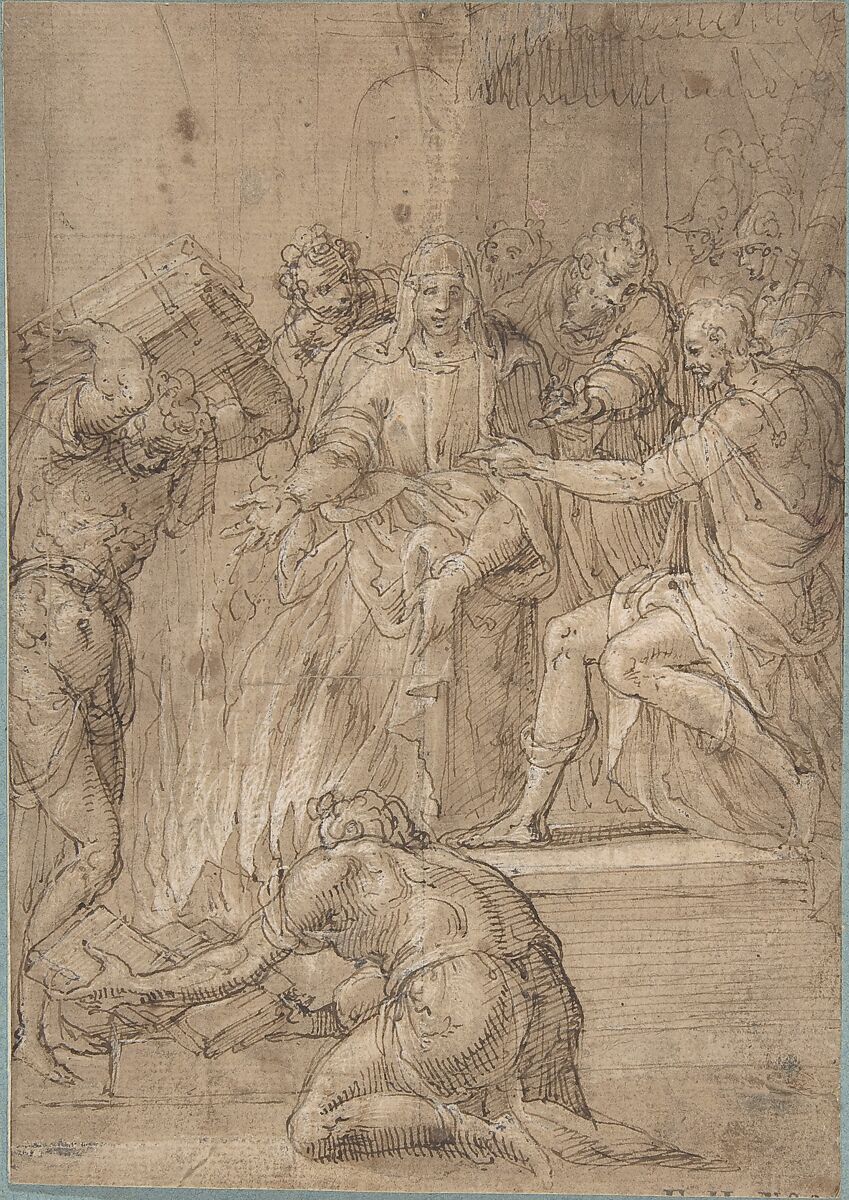 The Cumaean Sibyl before Tarquin the Proud, Niccolò dell&#39; Abate (Italian, Modena 1509–1571 Fontainebleau (?)), Pen and brown ink, brush and brown wash, highlighted with white gouache, on traces of leadpoint or black chalk, on light brown paper 