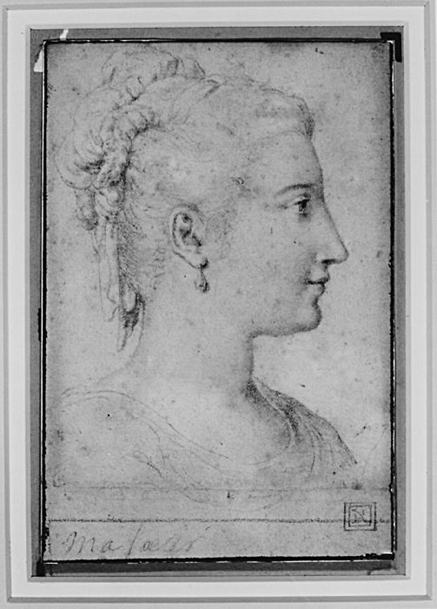 Head of a Woman in Profile, Anonymous, French, 16th century, Black and red chalk, framing lines in pen and black ink
