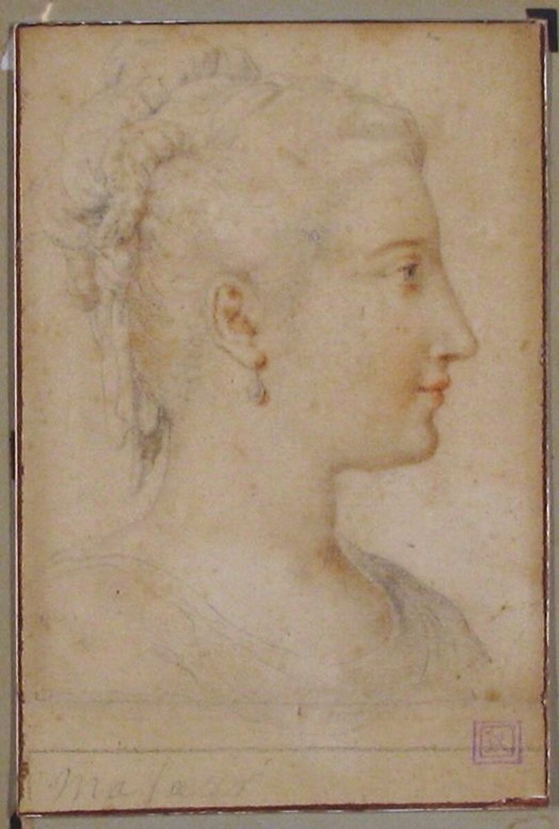 Head of a Woman in Profile, Anonymous, French, 16th century, Black and red chalk, framing lines in pen and black ink