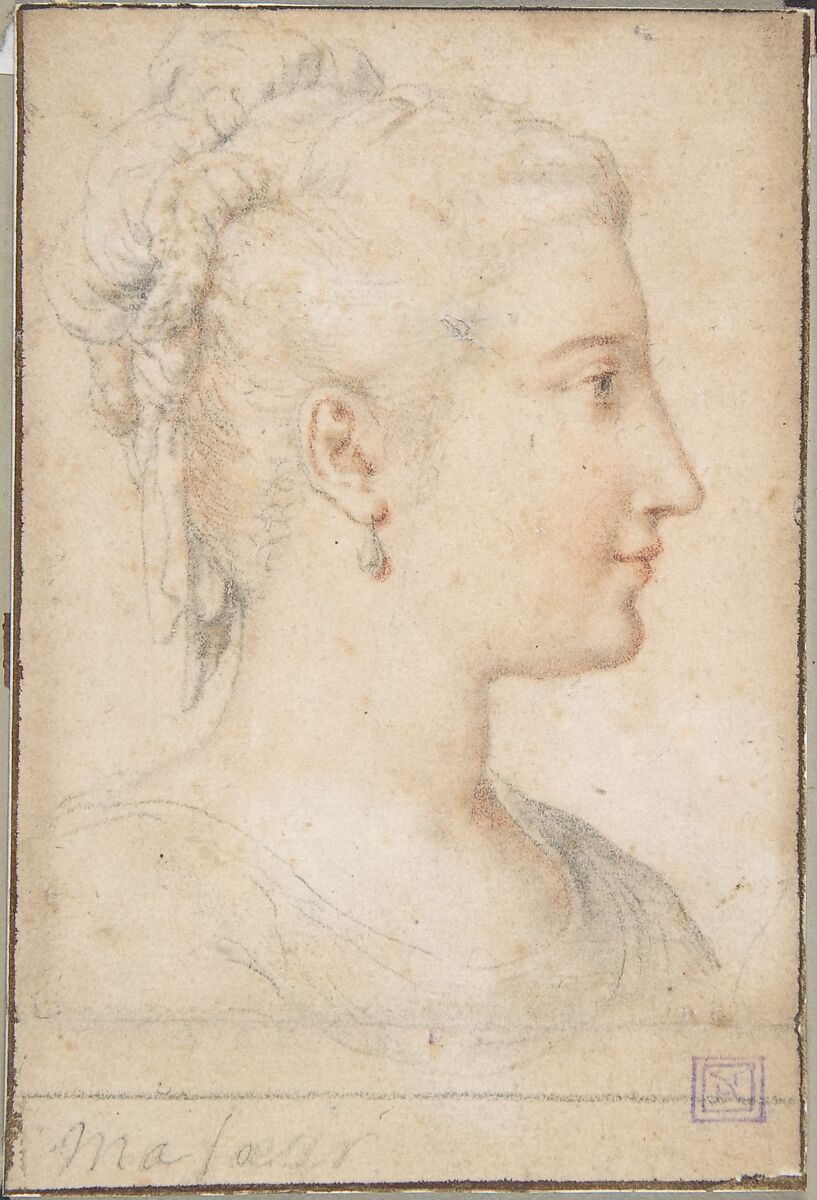 Head of a Woman in Profile, Anonymous, French, 16th century, Black and red chalk, framing lines in pen and black ink 