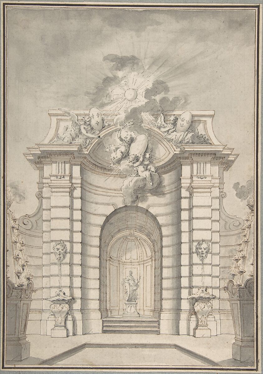 Design for Festival Architecture for an Entry into Paris for the King of Sweden, Fredrerick I of Hesse, Guillaume Thomas Raphaël Taraval (French, Paris 1701–1750 Stockholm), Pen and brown ink, brush and gray wash 