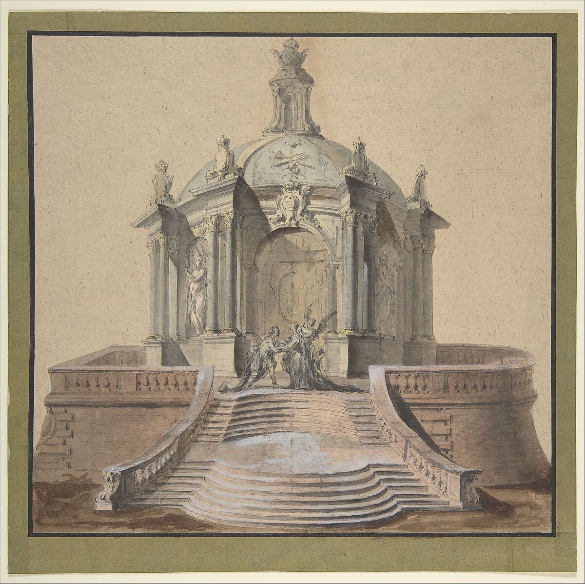 Design for Festival Architecture for an Entry into Paris for the King of Sweden, Frederick I of Hesse, Guillaume Thomas Raphaël Taraval (French, Paris 1701–1750 Stockholm), Pen and brown ink, brush and colored washes, heightened with white 