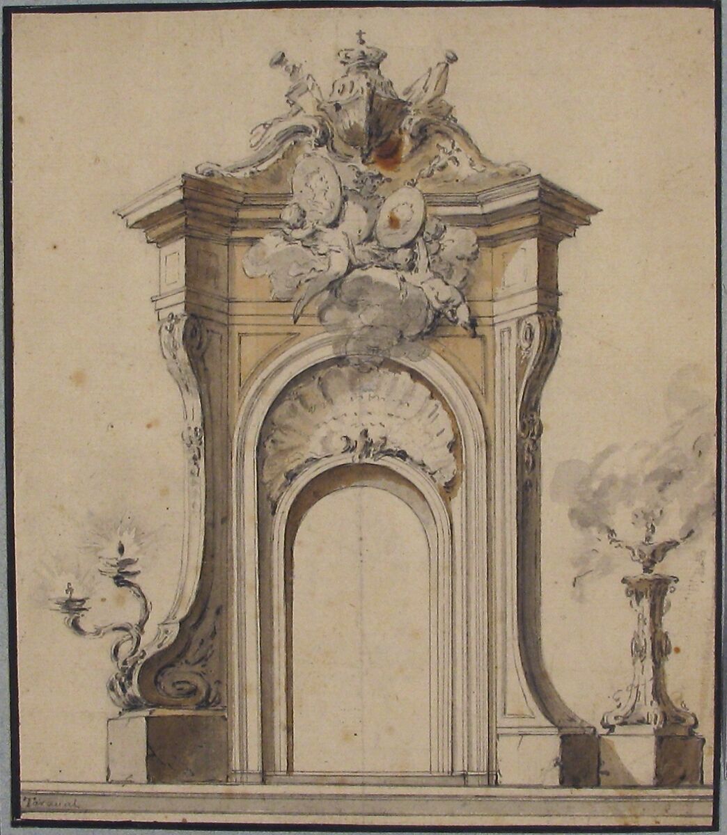 Design for Festival Architecture for an Entry into Paris for the King of Sweden, Frederick I of Hesse, Guillaume Thomas Raphaël Taraval (French, Paris 1701–1750 Stockholm), Pen and gray ink, brush and brown wash over graphite