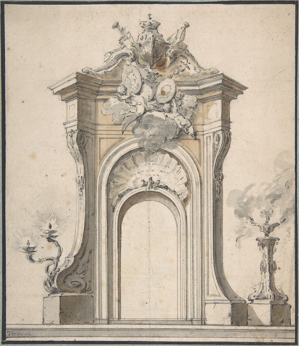 Design for Festival Architecture for an Entry into Paris for the King of Sweden, Frederick I of Hesse, Guillaume Thomas Raphaël Taraval (French, Paris 1701–1750 Stockholm), Pen and gray ink, brush and brown wash over graphite 