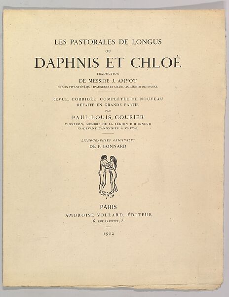 Proof of front matter, from "Daphnis et Chloe" by Longus, Pierre Bonnard (French, Fontenay-aux-Roses 1867–1947 Le Cannet), Lithograph 