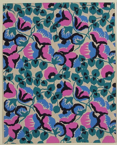 Fabric Design with Sweet Pea Flowers and Vines, Attributed to Paul Poiret (French, Paris 1879–1944 Paris), Gouache and stencil over graphite