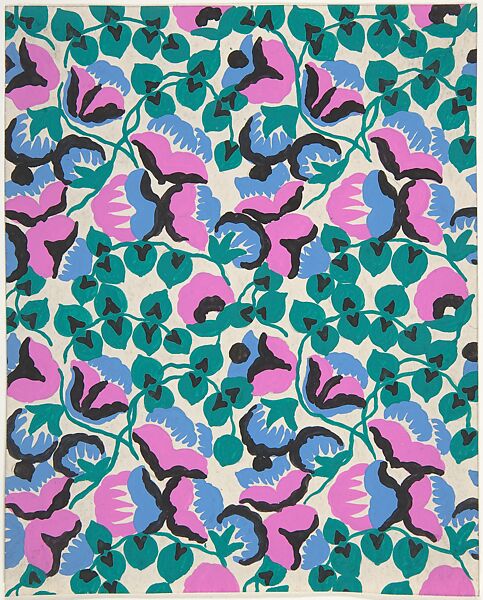 Fabric Design with Sweet Pea Flowers and Vines, Attributed to Paul Poiret (French, Paris 1879–1944 Paris), Gouache and stencil over graphite 