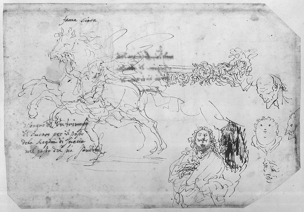 Sheet of Sketches: Sculpture for a Banquet Honoring Queen Christina of Sweden., Giovanni Paolo (Johan Paul) Schor (Austrian, Innsbruck 1615–1674 Rome), Pen and brown ink on ivory paper