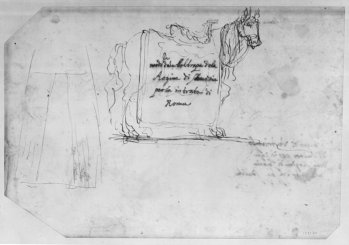 Sheet of Sketches: Sculpture for a Banquet Honoring Queen Christina of Sweden., Giovanni Paolo (Johan Paul) Schor (Austrian, Innsbruck 1615–1674 Rome), Pen and brown ink on ivory paper