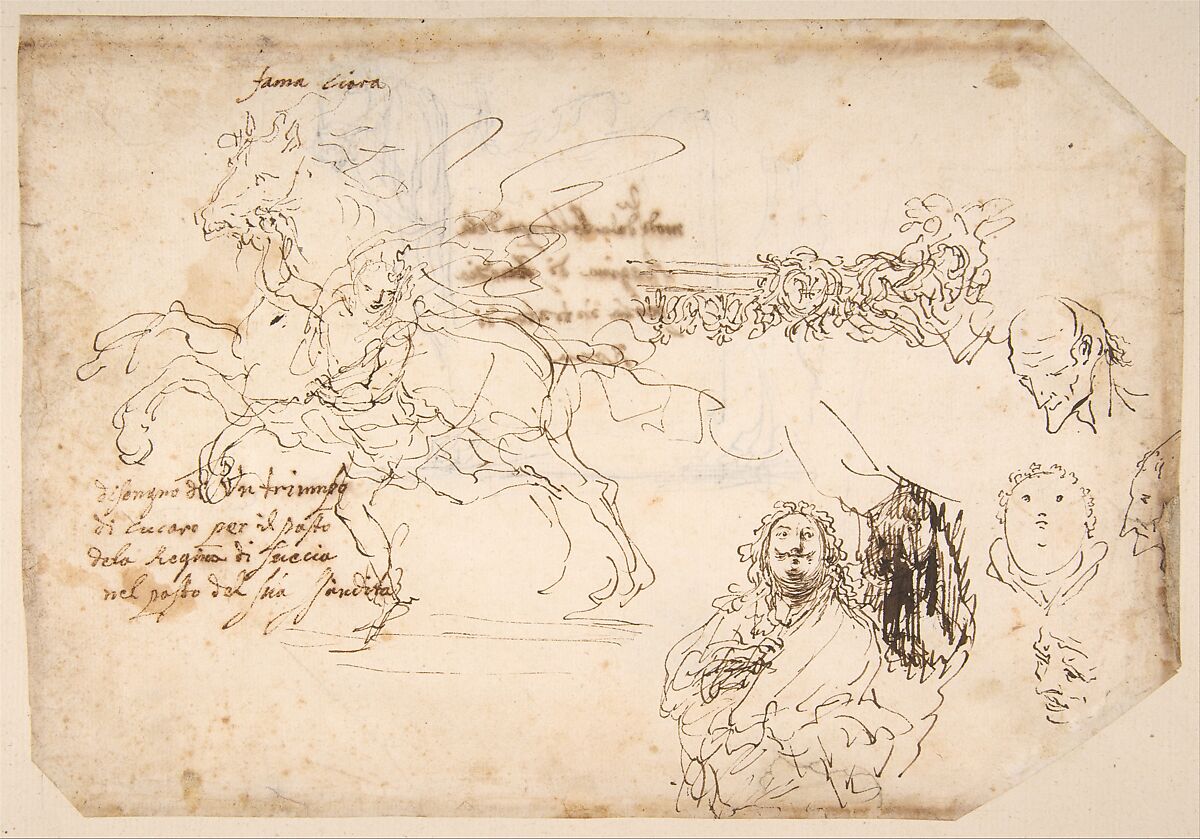 Sheet of Sketches: Sculpture for a Banquet Honoring Queen Christina of Sweden., Giovanni Paolo (Johan Paul) Schor (Austrian, Innsbruck 1615–1674 Rome), Pen and brown ink on ivory paper 