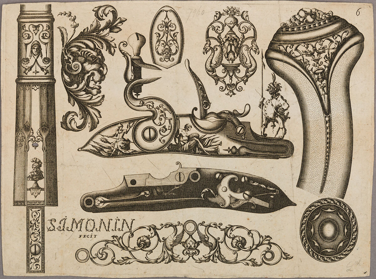 Engraving of Firearms Ornament, Claude Simonin (French, Nantes ca. 1635–1693 Nantes), Ink on paper, French 