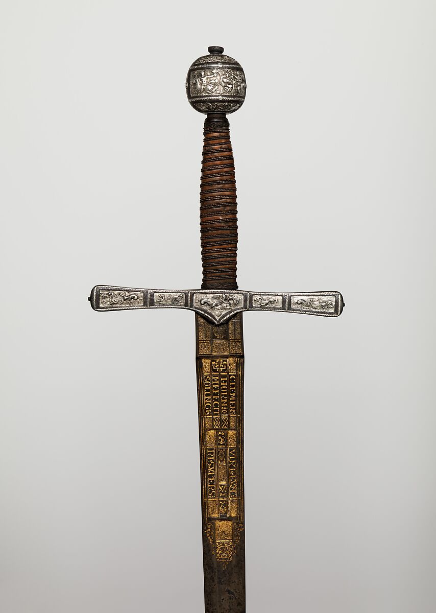 Cross Hilt Sword, Blade signed by Clemens Horn (German, Solingen, 1580–1630), Iron, silver, wood, copper alloy, steel, gold, hilt, British, London; blade, German, Solingen 