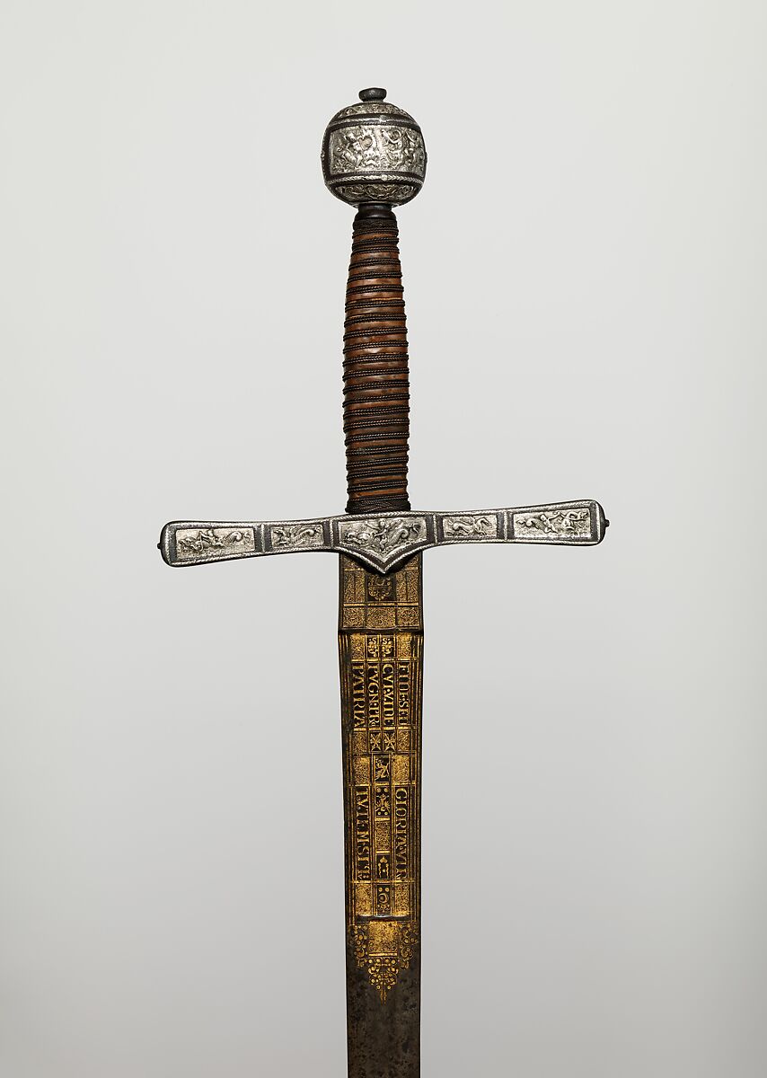 Cross Hilt Sword, Blade signed by Clemens Horn (German, Solingen, 1580–1630), Iron, silver, wood, copper alloy, steel, gold, hilt, British, London; blade, German, Solingen