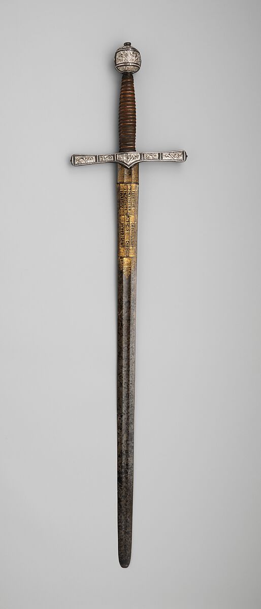 Cross Hilt Sword, Blade signed by Clemens Horn (German, Solingen, 1580–1630), Iron, silver, wood, copper alloy, steel, gold, hilt, British, London; blade, German, Solingen