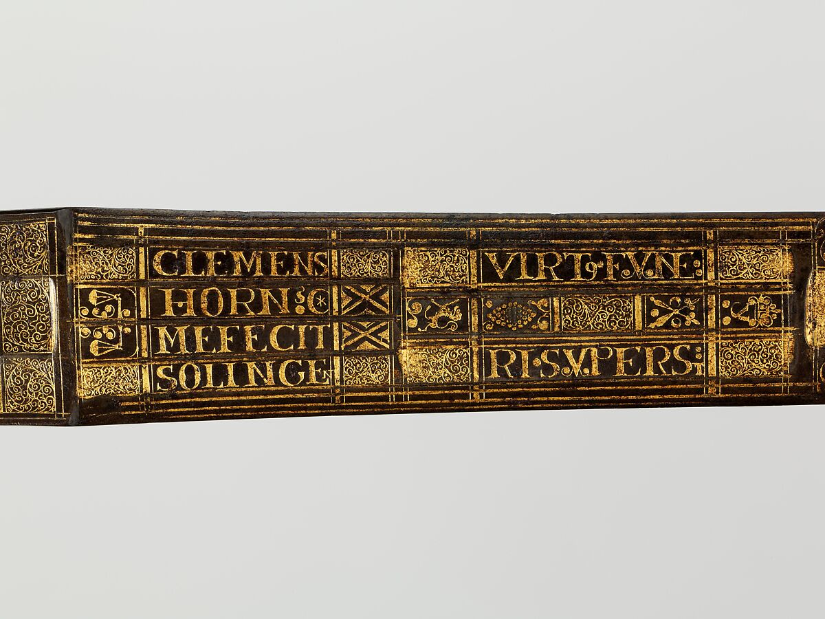 Cross Hilt Sword, Blade signed by Clemens Horn (German, Solingen, 1580–1630), Iron, silver, wood, copper alloy, steel, gold, hilt, British, London; blade, German, Solingen