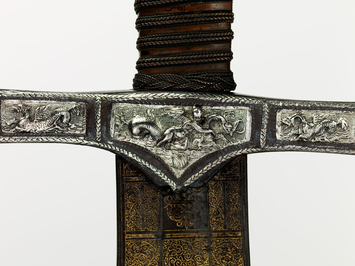Cross Hilt Sword, Blade signed by Clemens Horn (German, Solingen, 1580–1630), Iron, silver, wood, copper alloy, steel, gold, hilt, British, London; blade, German, Solingen