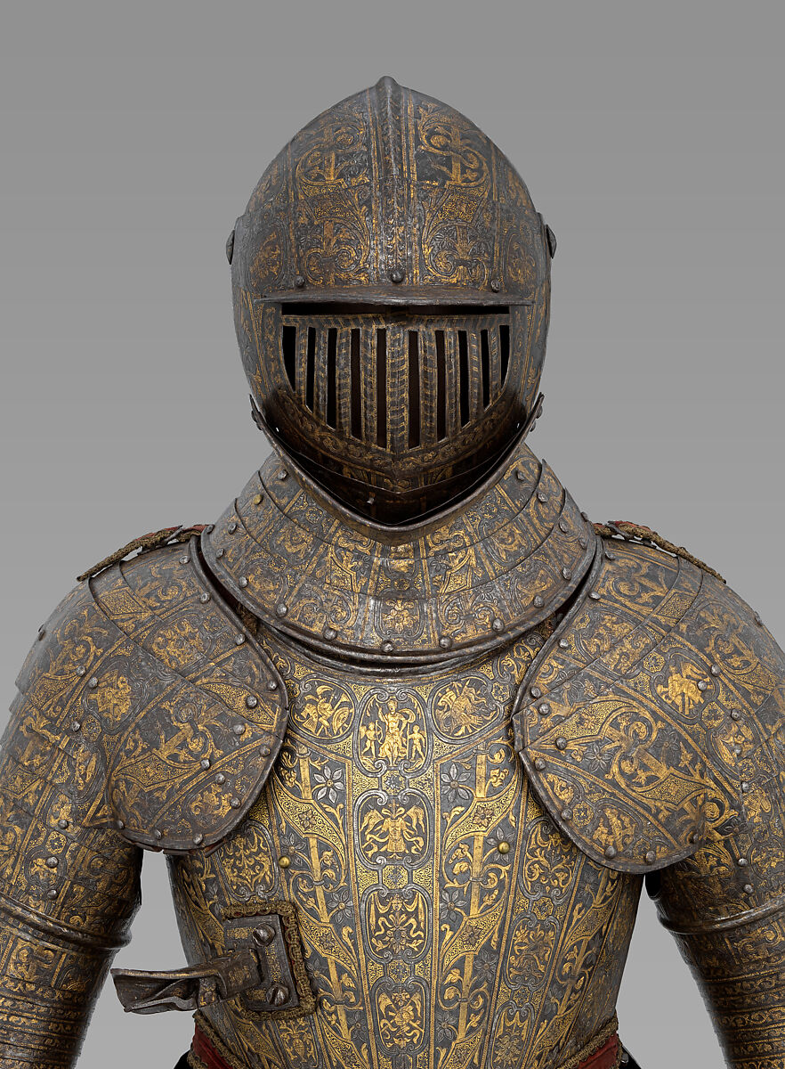 Armor with Matching Shaffron and Saddle Plates, Steel, copper alloy, silver, gold, leather, textile, Italian, Milan