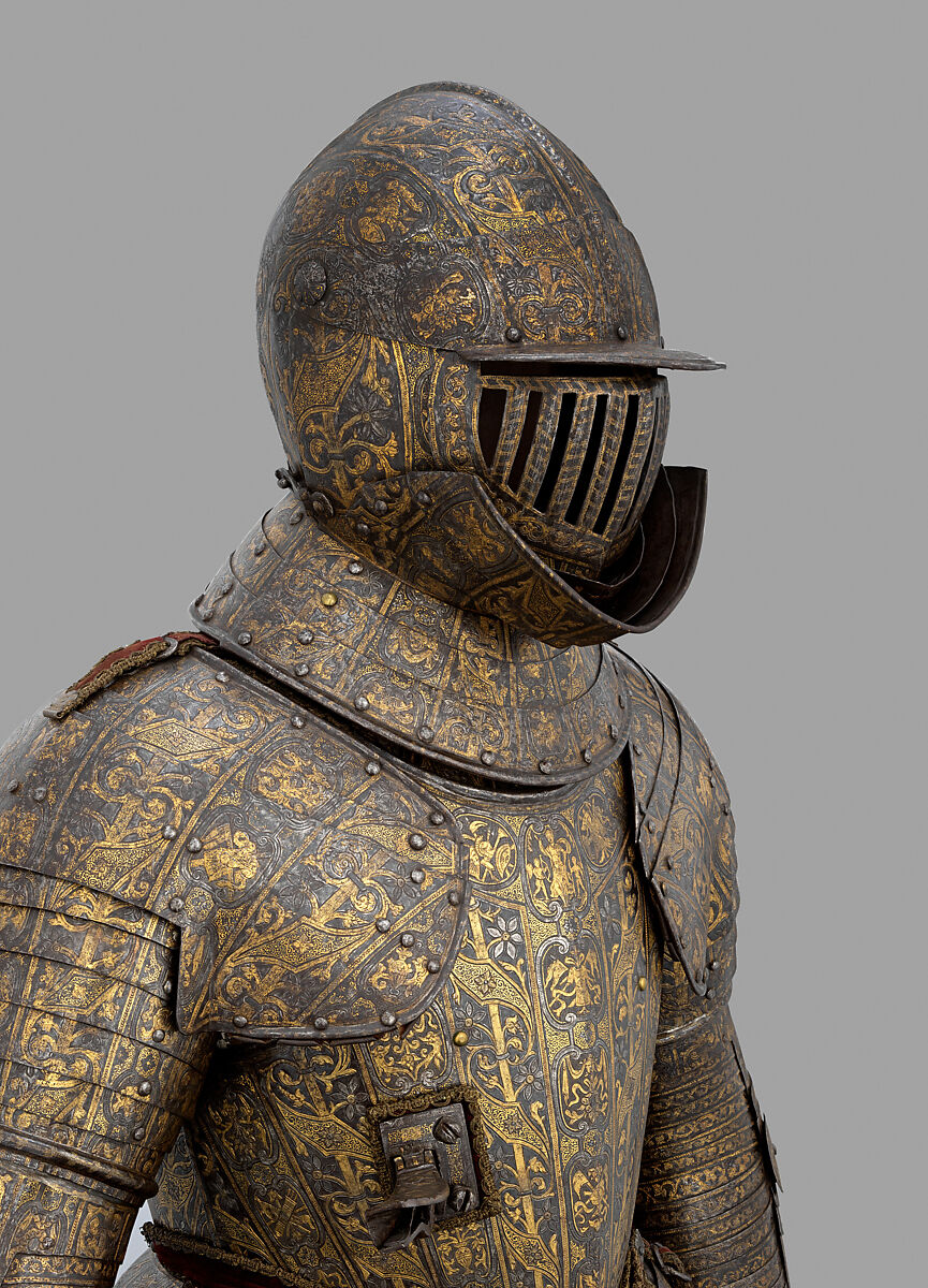 Armor with Matching Shaffron and Saddle Plates, Steel, copper alloy, silver, gold, leather, textile, Italian, Milan