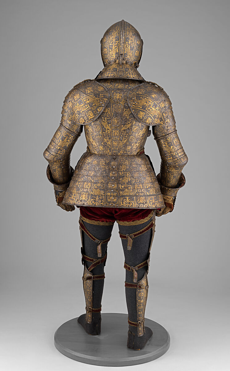 Armor with Matching Shaffron and Saddle Plates, Steel, copper alloy, silver, gold, leather, textile, Italian, Milan