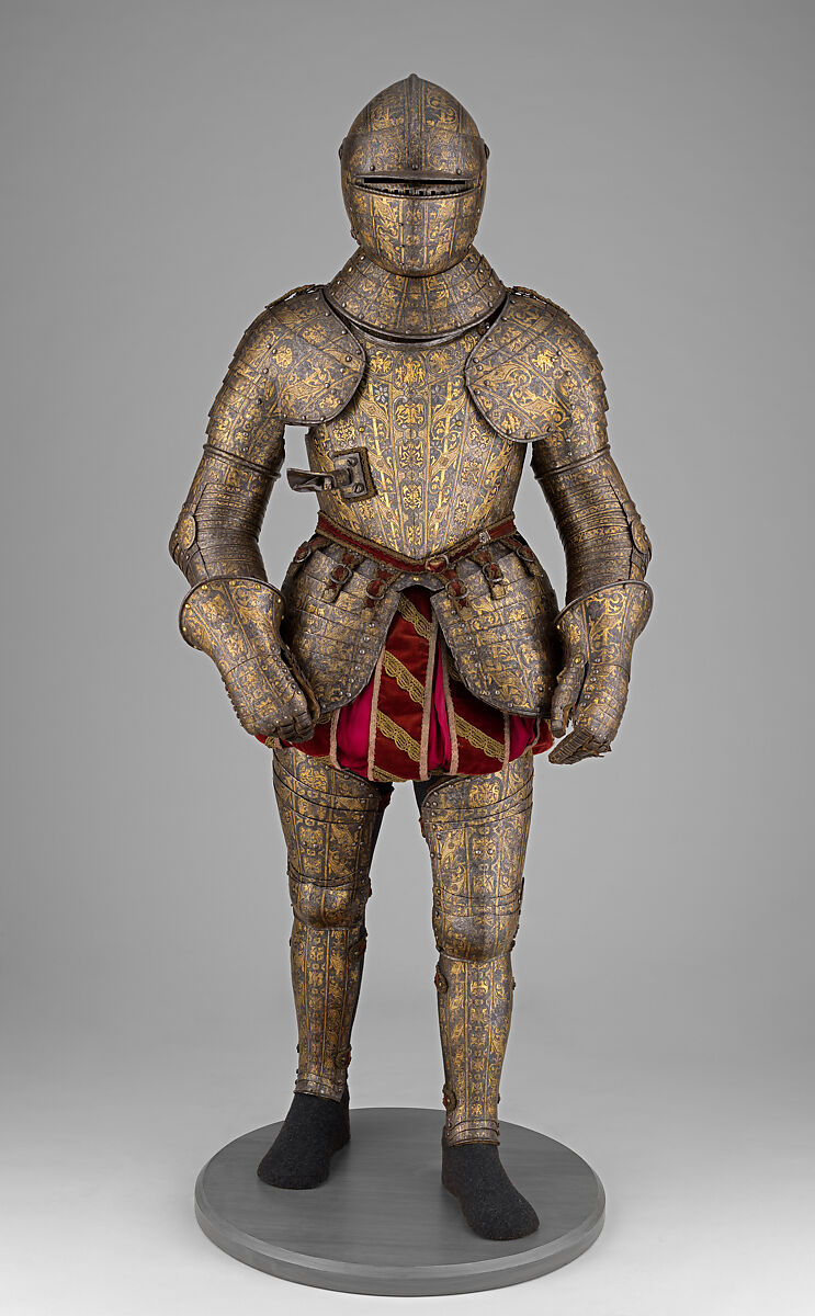 Armor with Matching Shaffron and Saddle Plates, Steel, copper alloy, silver, gold, leather, textile, Italian, Milan