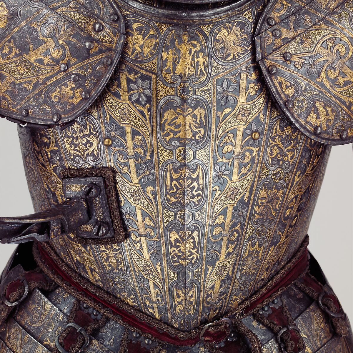 Armor with Matching Shaffron and Saddle Plates, Steel, copper alloy, silver, gold, leather, textile, Italian, Milan