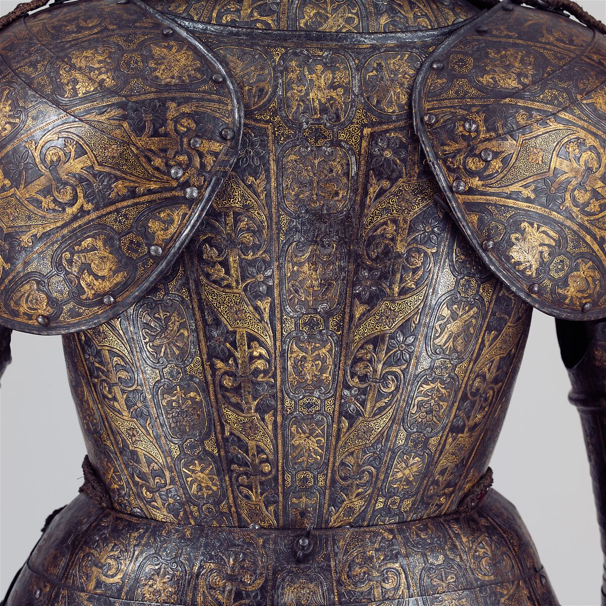 Armor with Matching Shaffron and Saddle Plates, Steel, copper alloy, silver, gold, leather, textile, Italian, Milan