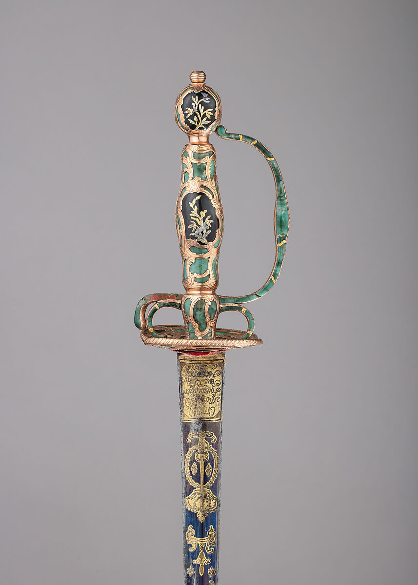 Smallsword with Scabbard, Hard stone (chrysoprase), gold, steel, vellum, wood, textile, possibly German