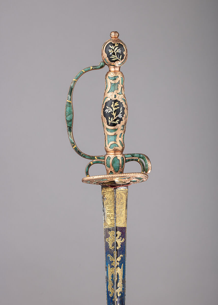 Smallsword with Scabbard, Hard stone (chrysoprase), gold, steel, vellum, wood, textile, possibly German 