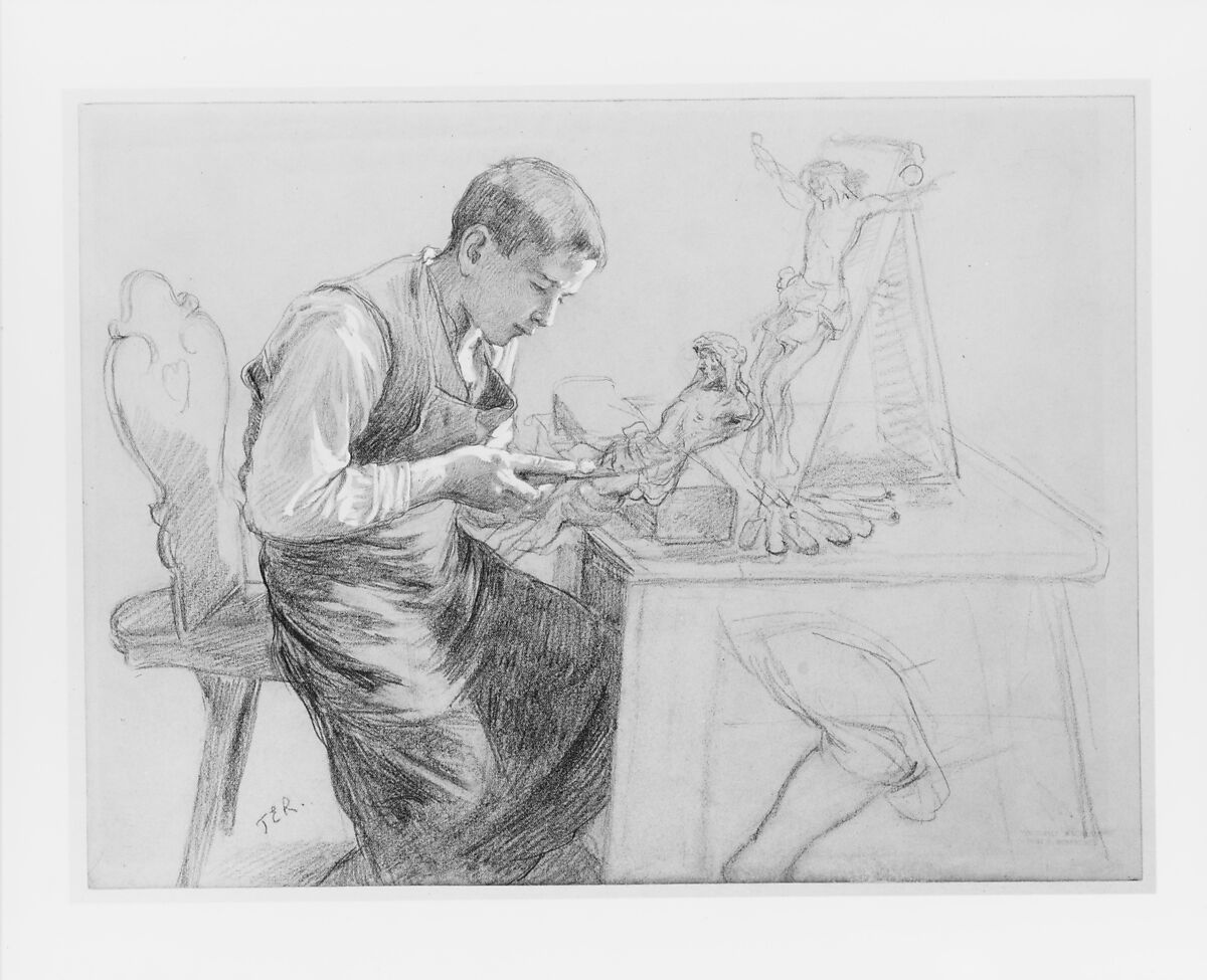 Study of a Boy Carving a Crucifix, Toby E. Rosenthal (1848–1917), Graphite with white gouache on green wove paper, American