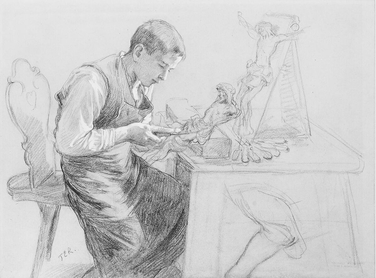 Study of a Boy Carving a Crucifix, Toby E. Rosenthal (1848–1917), Graphite with white gouache on green wove paper, American 