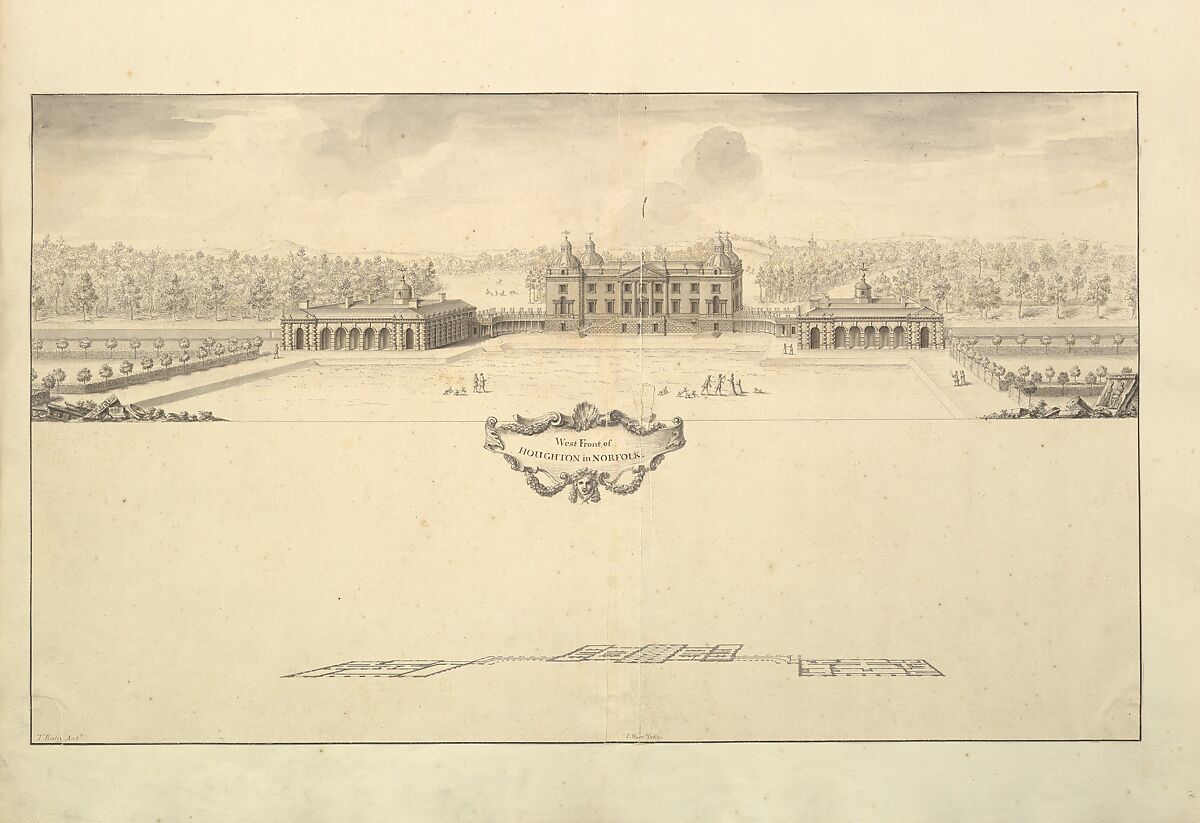 Aedes Walpolianae, or a Description of the Collection of Pictures at Houghton Hall in Norfolk, the Seat of the Right Honorable Sir Robert Walpole, Earl of Orford (Interleaved with Drawings by Isaac Ware for: The Plans, Elevations, and Sections of Chimney Pieces, and Celings of Houghton Hall in Norfolk...1735) ["The Walpole Album"], Written and assembled by Horace Walpole, 4th Earl of Orford (British, London 1717–1797 London), Etching, engraving, pen and ink, brush and wash, watercolor