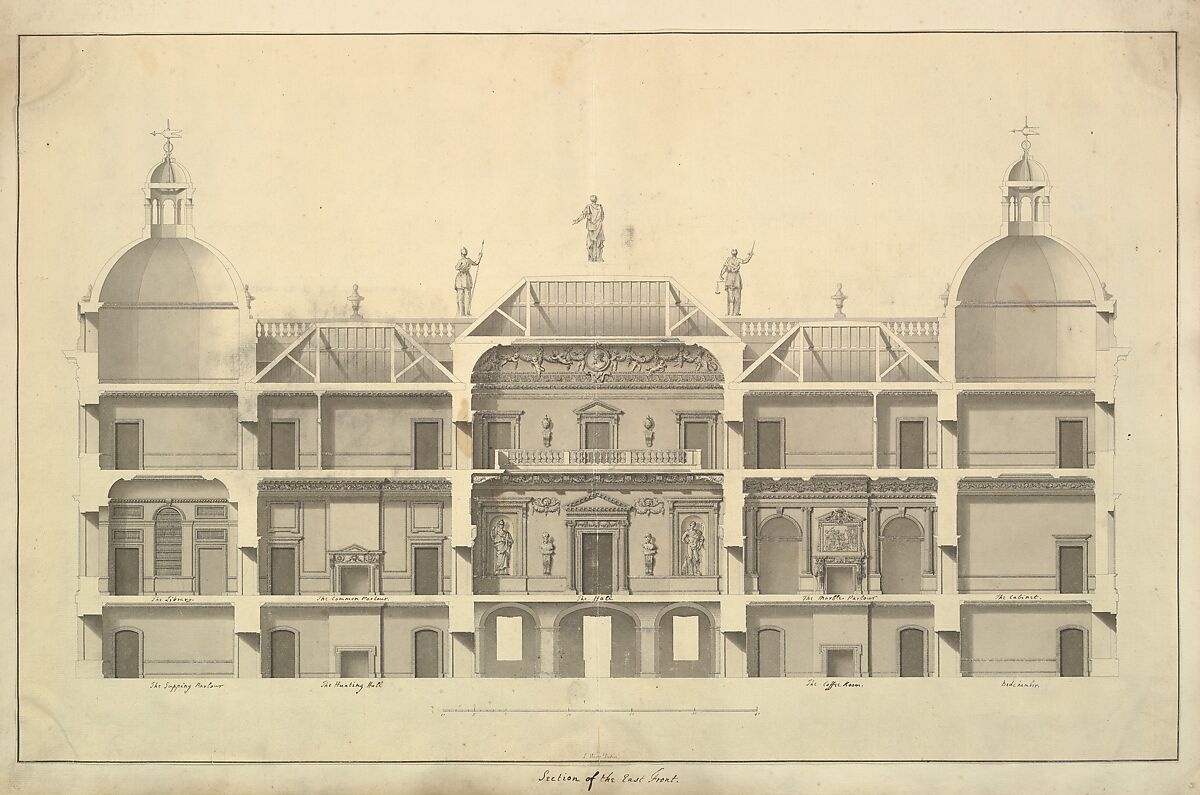 Aedes Walpolianae, or a Description of the Collection of Pictures at Houghton Hall in Norfolk, the Seat of the Right Honorable Sir Robert Walpole, Earl of Orford (Interleaved with Drawings by Isaac Ware for: The Plans, Elevations, and Sections of Chimney Pieces, and Celings of Houghton Hall in Norfolk...1735) ["The Walpole Album"], Written and assembled by Horace Walpole, 4th Earl of Orford (British, London 1717–1797 London), Etching, engraving, pen and ink, brush and wash, watercolor