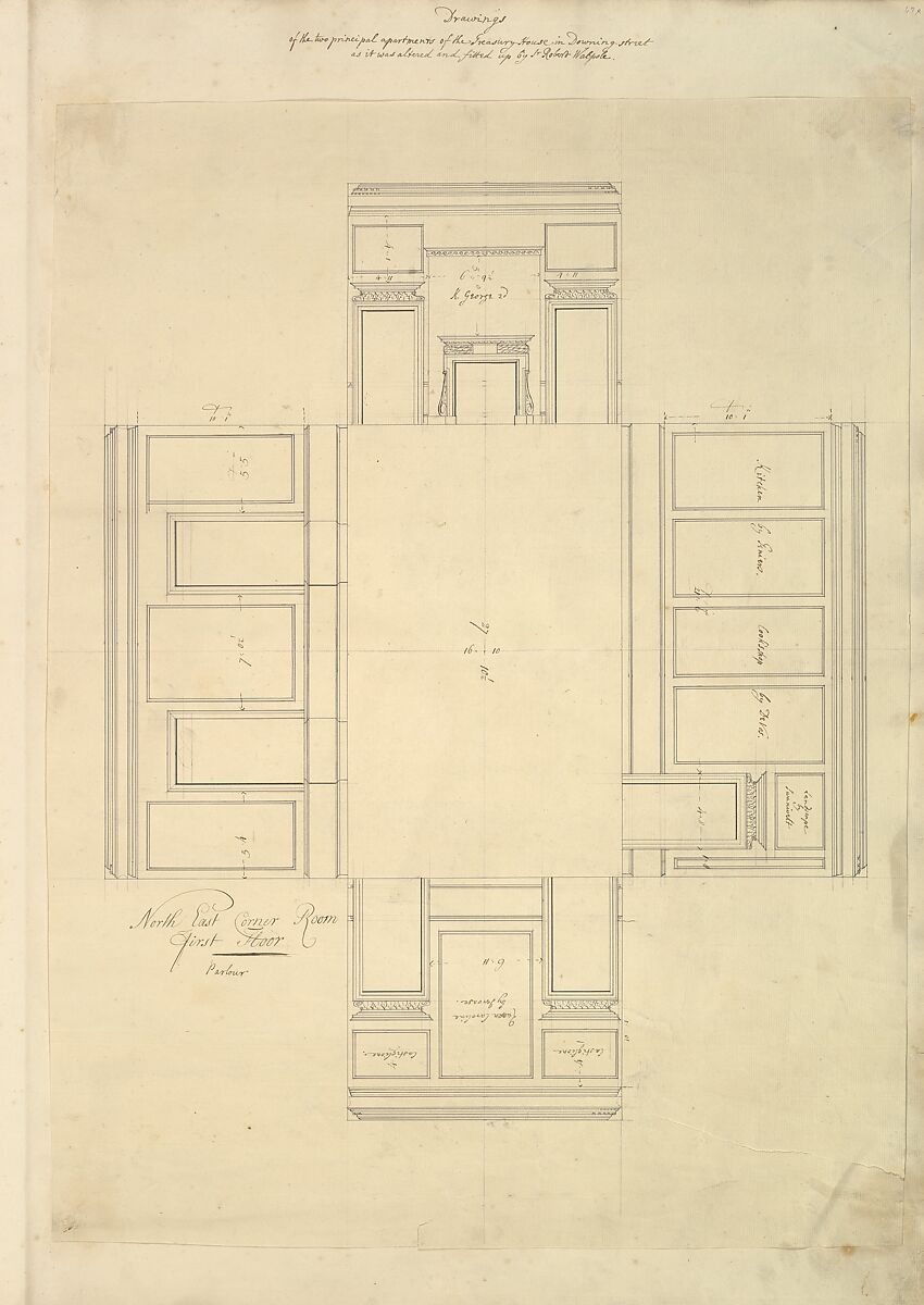 Aedes Walpolianae, or a Description of the Collection of Pictures at Houghton Hall in Norfolk, the Seat of the Right Honorable Sir Robert Walpole, Earl of Orford (Interleaved with Drawings by Isaac Ware for: The Plans, Elevations, and Sections of Chimney Pieces, and Celings of Houghton Hall in Norfolk...1735) ["The Walpole Album"], Written and assembled by Horace Walpole, 4th Earl of Orford (British, London 1717–1797 London), Etching, engraving, pen and ink, brush and wash, watercolor
