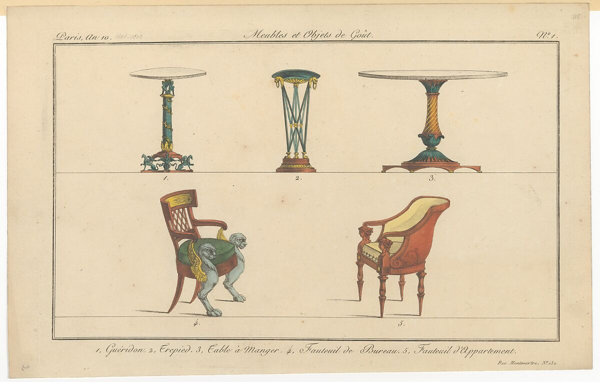 Collection de Meubles et Objets de Goût, vol. 1, Edited by Pierre de La Mésangère (French, Pontigné 1761–1831 Paris), Engraving, hand-colored