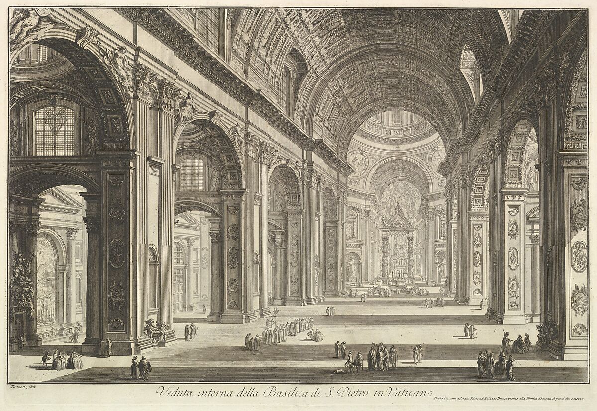 Interior view of St. Peter's Basilica in the Vatican, from Vedute di Roma (Roman Views), Giovanni Battista Piranesi (Italian, Mogliano Veneto 1720–1778 Rome), Etching; third state of six (Hind) 