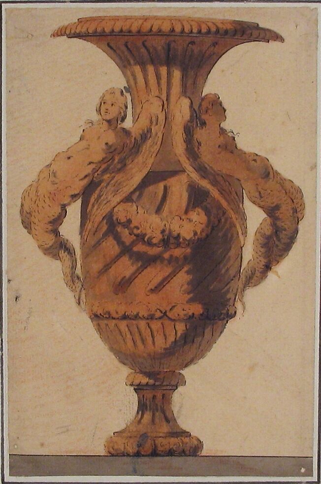 Design for Vase, After Jacques François Joseph Saly (French, Valenciennes 1717–1776 Paris), Pen and black ink, brush and gray wash, brush and sanguine wash