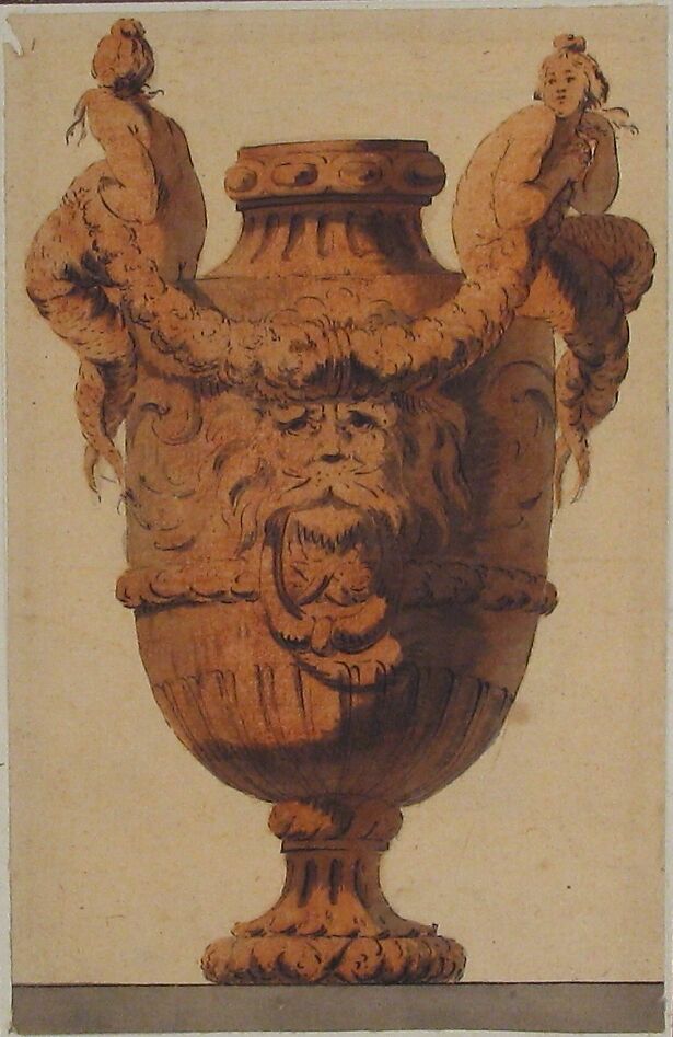 Design for Vase, After Jacques François Joseph Saly (French, Valenciennes 1717–1776 Paris), Pen and black ink, brush and brown and red wash