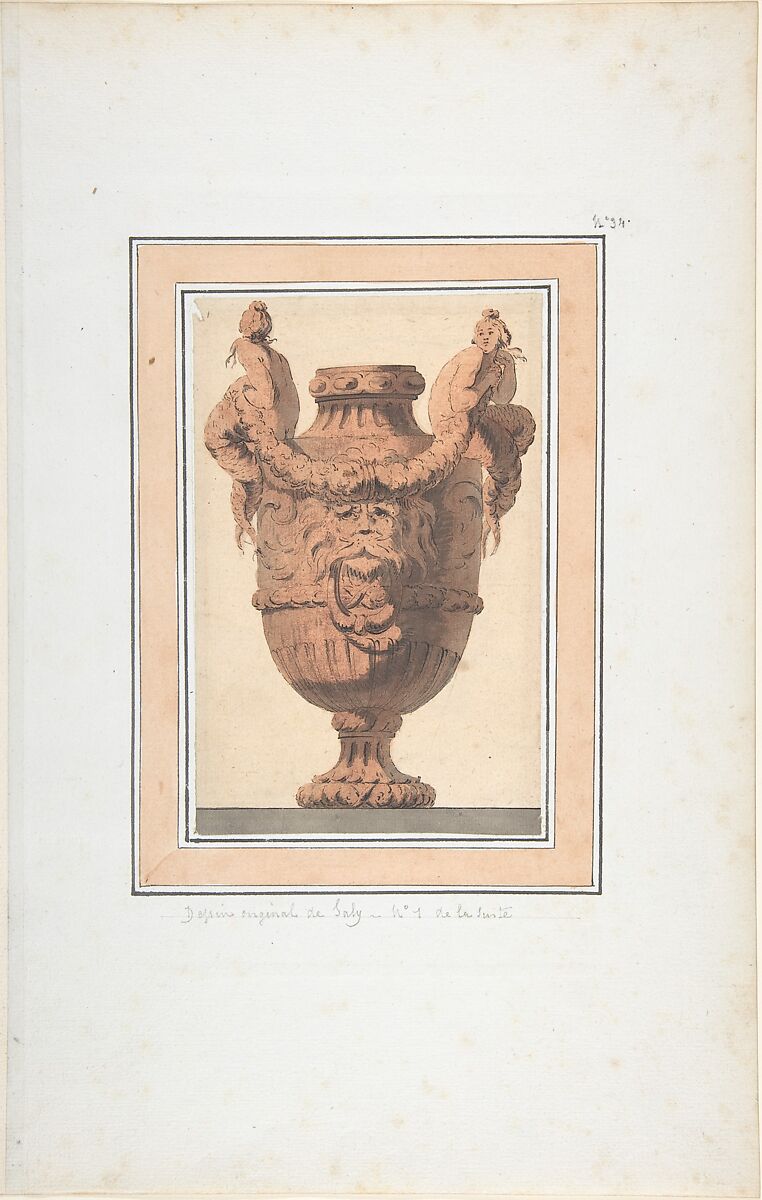 Design for Vase, After Jacques François Joseph Saly (French, Valenciennes 1717–1776 Paris), Pen and black ink, brush and brown wash, brush and sanguine wash 