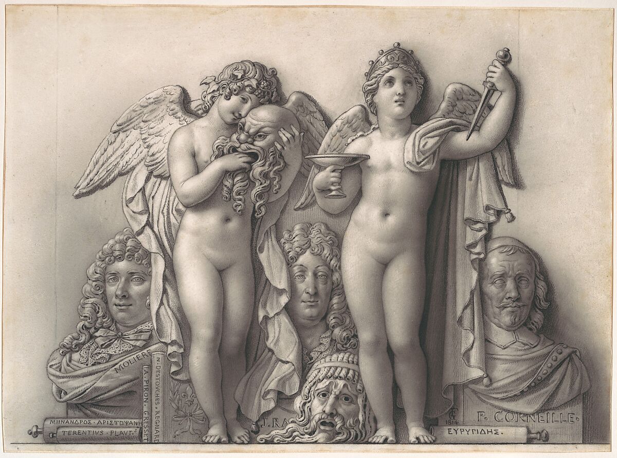 Comedy and Tragedy, Anne Louis Girodet-Trioson (French, Montargis 1767–1824 Paris), Black chalk and stumping