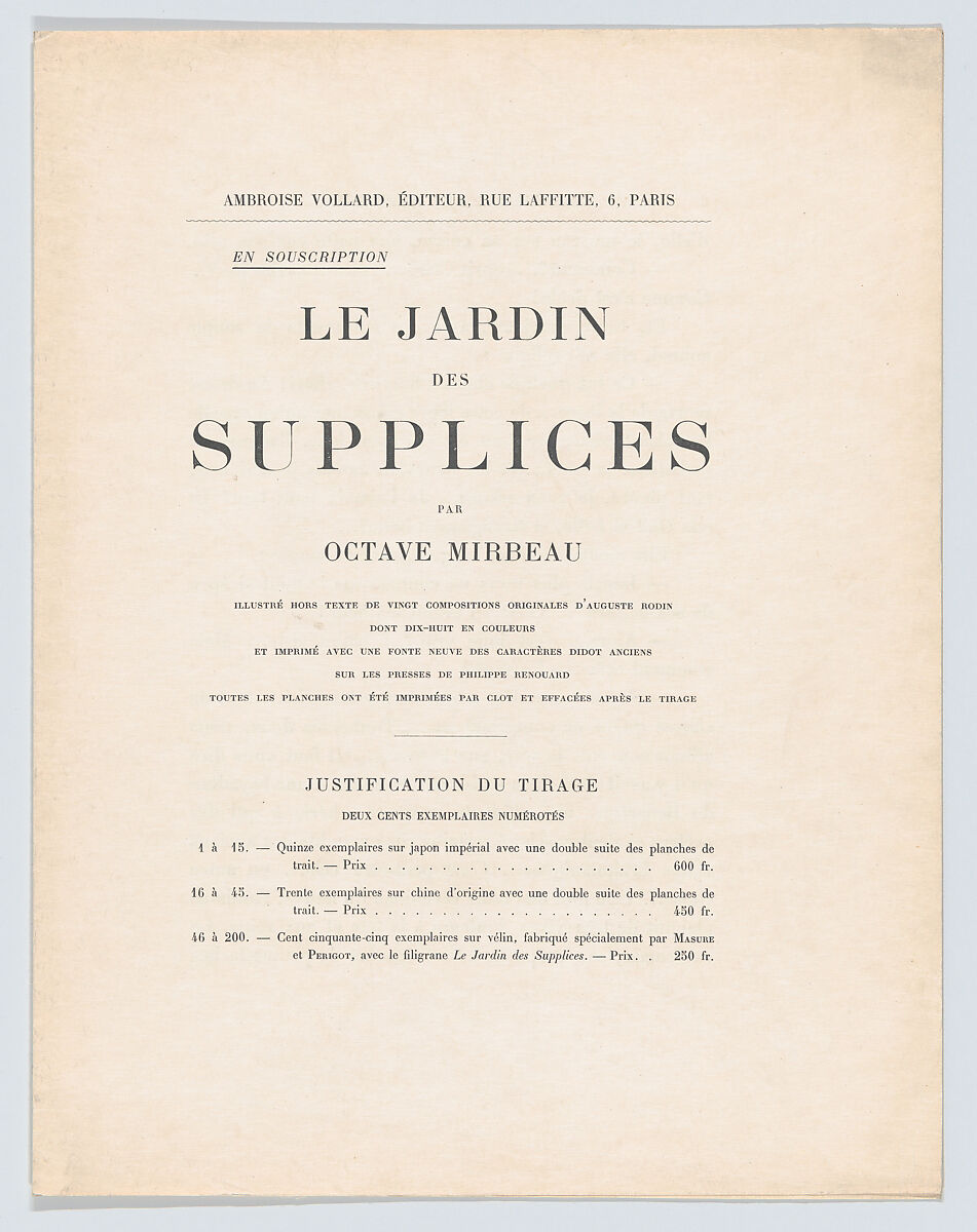 Le Jardin des supplices, Written by Octave-Henri-Marie Mirbeau (French, 1850–1917), Lithographs